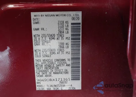 2020 Nissan Murano Sl Fwd from USA, damaged, VIN 5N1AZ2CJ8LN171365
